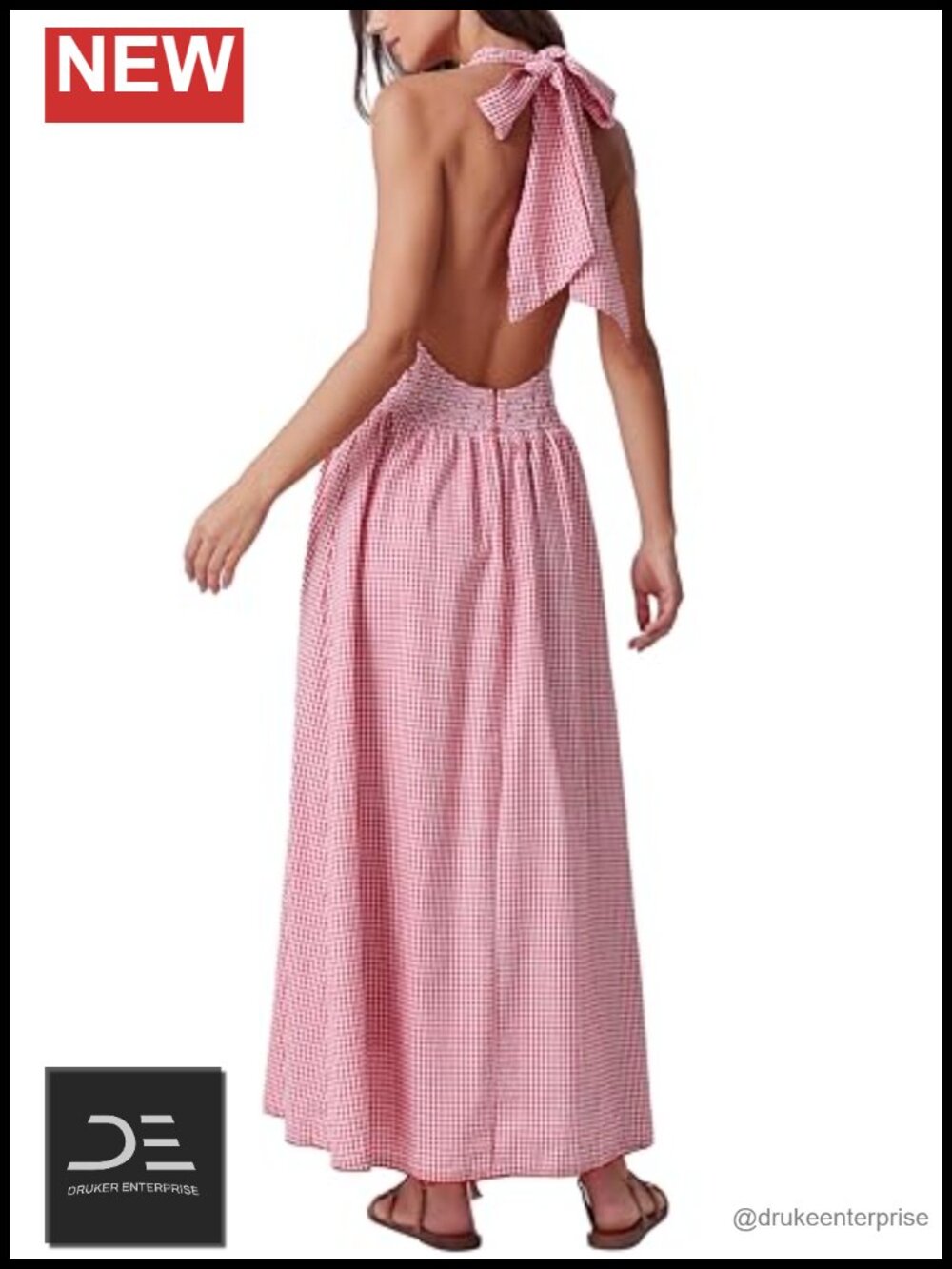 Women's Gingham Halter Midi Dress Cotton Backless Sleeveless Pockets